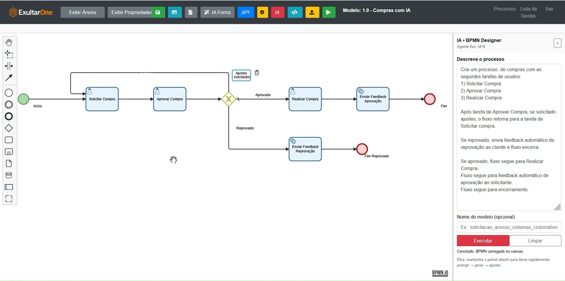 ExultarOne BPMN Designer com processo de compras modelado e painel de IA.