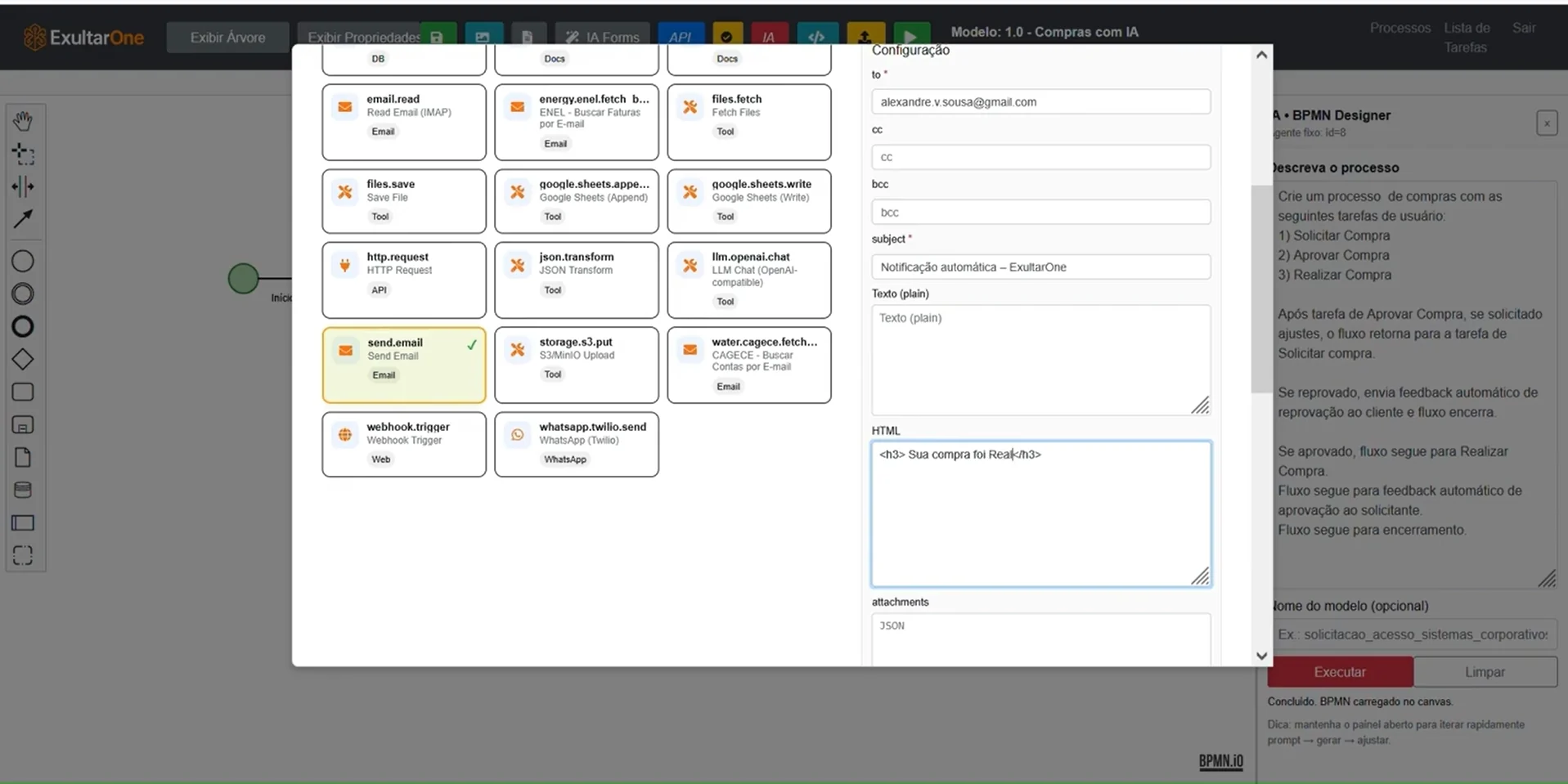 Catálogo de integrações da ExultarOne com APIs, tools, e-mail, webhooks e serviços de IA.