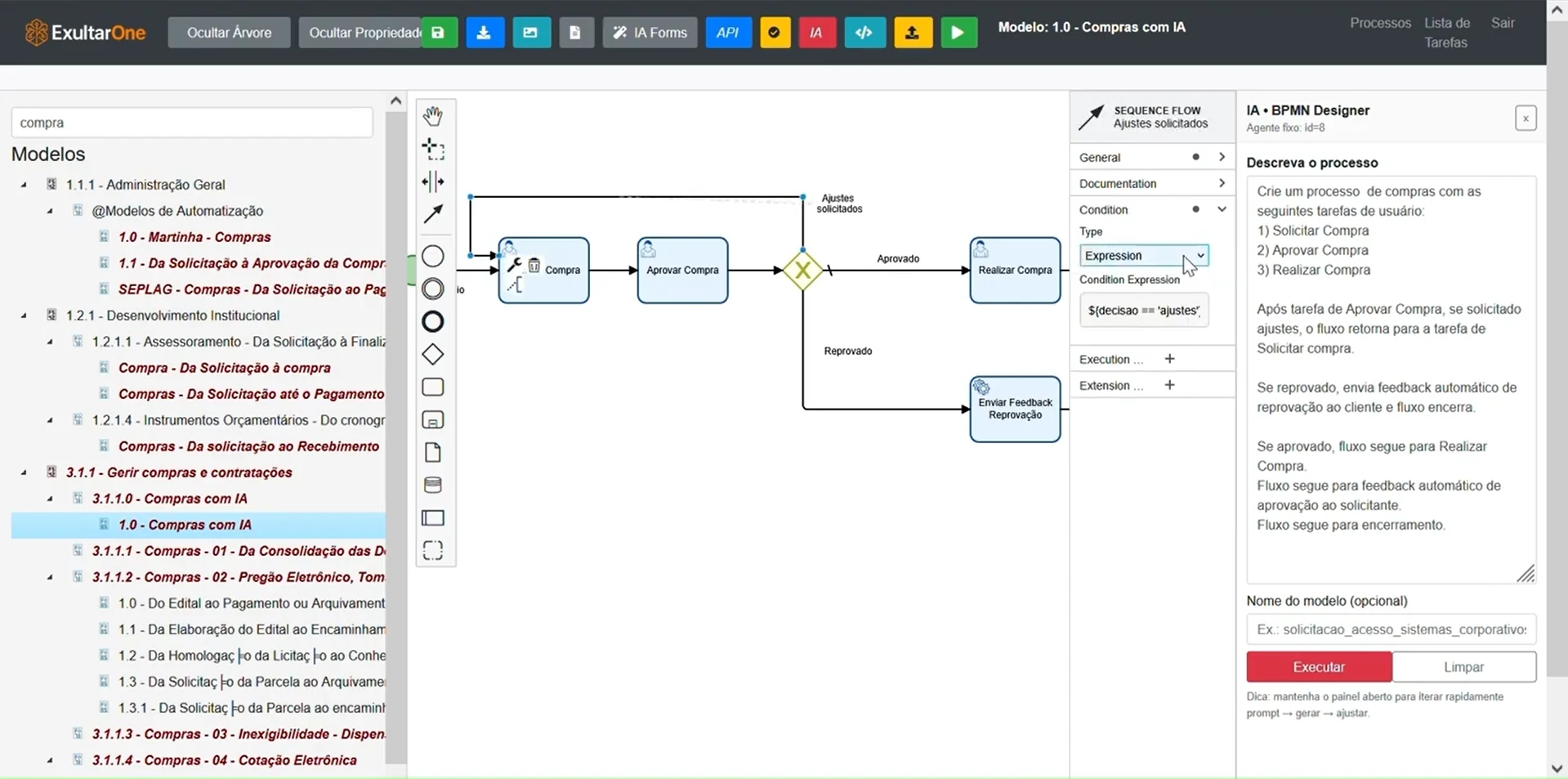 ExultarOne BPMN Designer com configuração de condição em um fluxo de sequência.